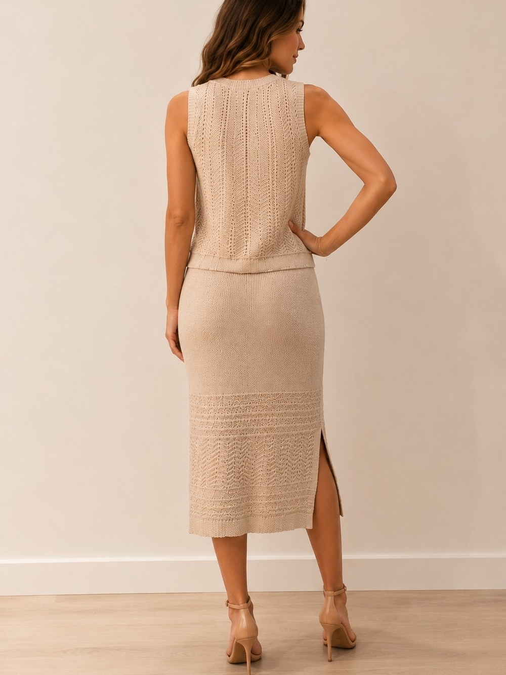 NWT Rachel Zoe XL Cream Knit 2 Piece Top Midi Skirt Set - Picture 2 of 3